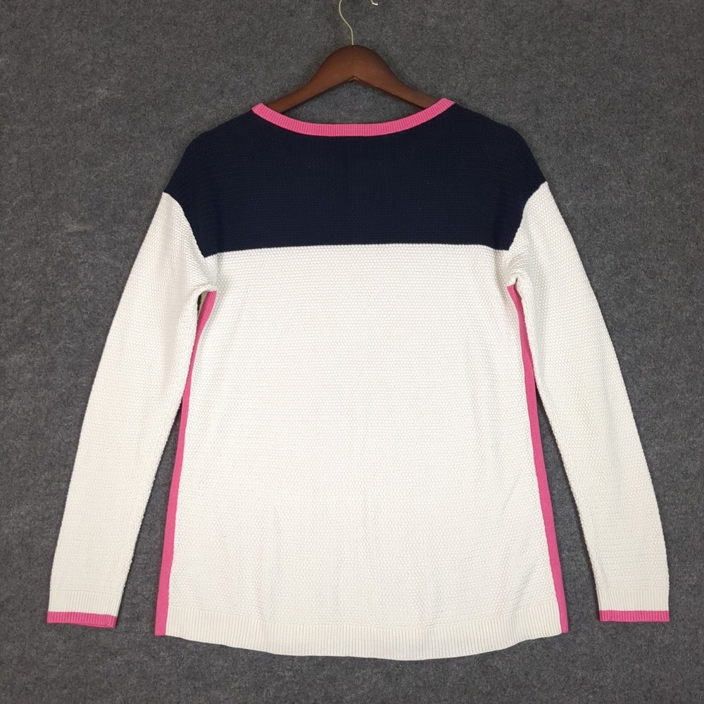 Talbots Women Colorblock Knit Sweater Navy Blue White Pink Crew Neck Long Sleeve - Picture 7 of 11